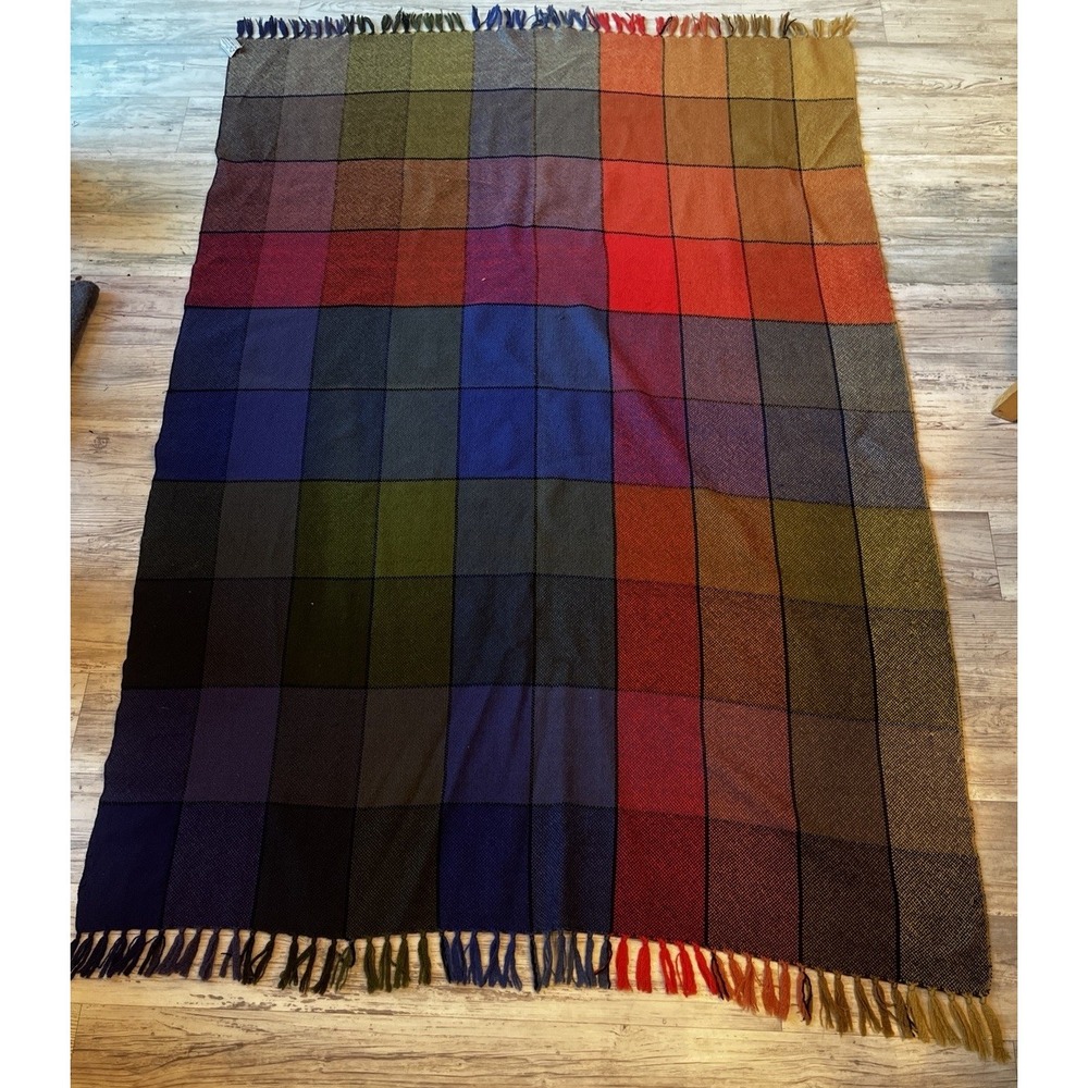 Vintage The Three Weavers Plaid 100% Wool Throw Blanket Handwoven Houston Texas